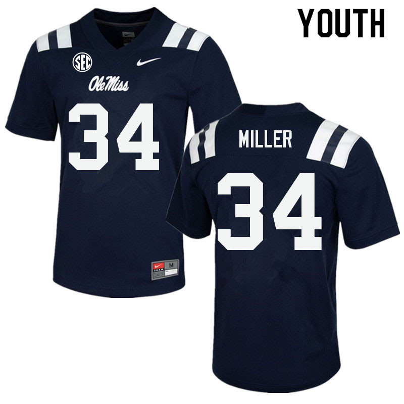 Bobo Miller Ole Miss Rebels NCAA Youth Navy #34 Stitched Limited College Football Jersey QUX0358HZ